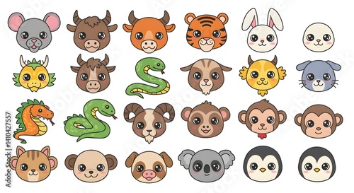 Cute Cartoon Animal Faces of the Chinese Zodiac