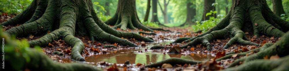 Muddy forest floor with twisted roots and gnarled tree trunks, grunge, roots