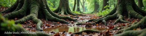 Obraz na płótnie Muddy forest floor with twisted roots and gnarled tree trunks, grunge, roots w salonie
