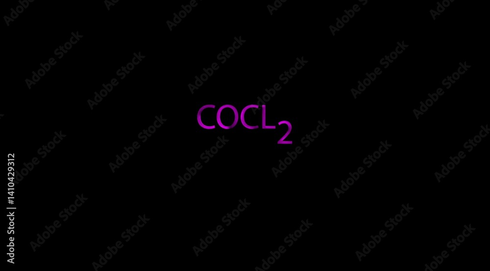 Glowing neon A COCl₂ (phosgene) molecule symbol with a smoke cloud text effect on a black background, representing chemistry, toxicity, and industrial hazards