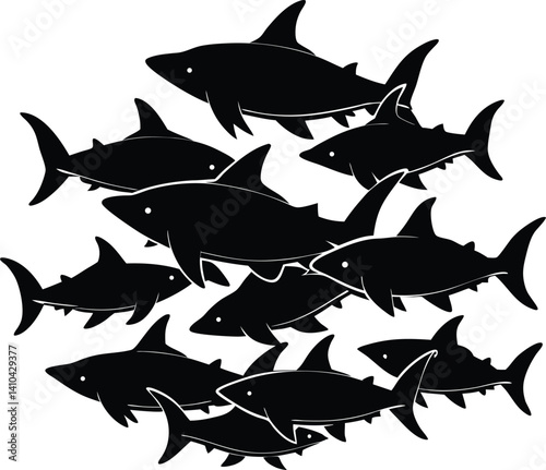 Set of shark and fin vector illustration isolated icons. Shark silhouette set vector design big pack of sea illustration and icon shark silhouette vector Bundle illustration Different kind of sharks