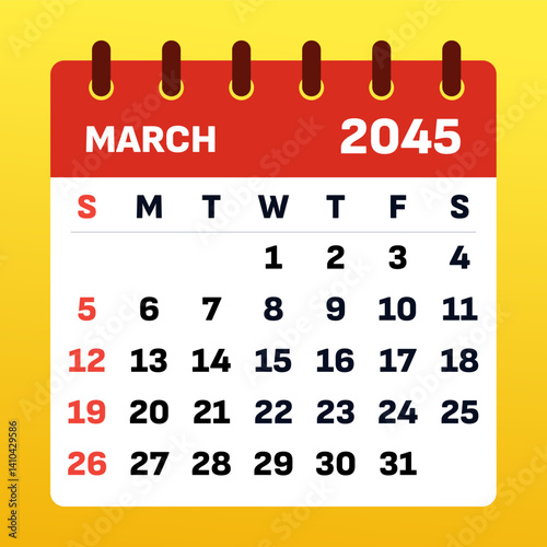 2045 March Calendar Layout. Vector Illustration of a March 2045 Planner. March 2045 Template. Flat design. Vector illustration
