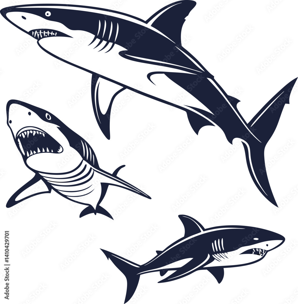 Obraz premium Set of shark and fin vector illustration isolated icons. Shark silhouette set vector design big pack of sea illustration and icon shark silhouette vector Bundle illustration Different kind of sharks