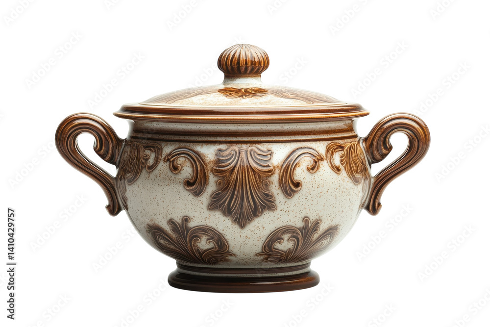 Elegant brown cream ceramic sugar bowl intricate floral design vintage on transparent background Elegant brown cream ceramic sugar bowl intricate floral design vintage on transparent background