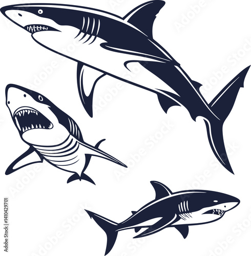 Set of shark and fin vector illustration isolated icons. Shark silhouette set vector design big pack of sea illustration and icon shark silhouette vector Bundle illustration Different kind of sharks