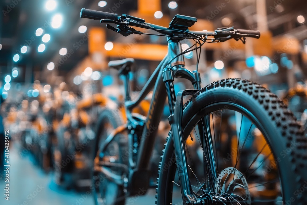 Modern electric mountain bike displayed in a showroom
