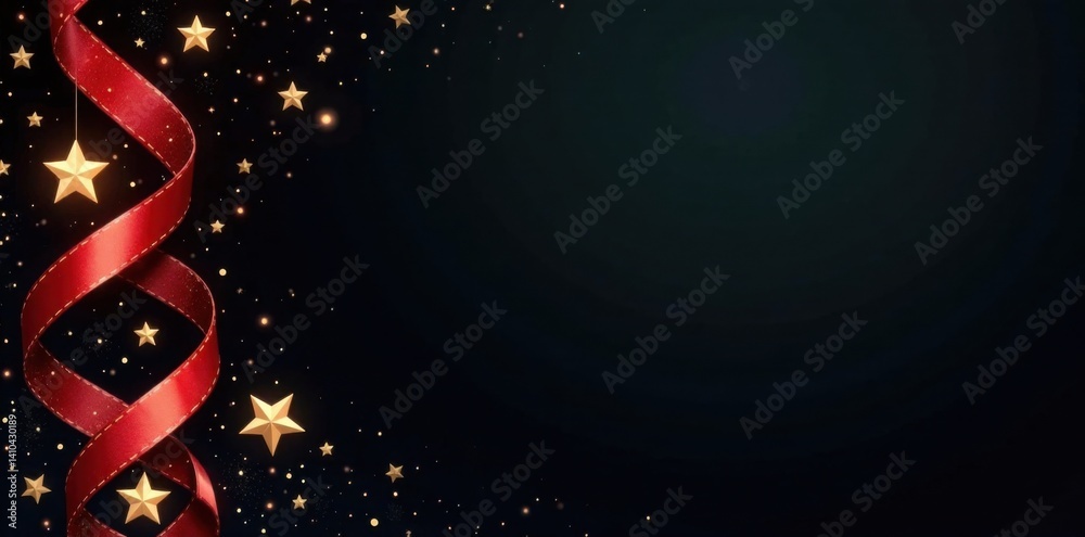 Obraz premium Decorative Christmas banner with swirl ribbons and stars on black background, festive, swirly, banners