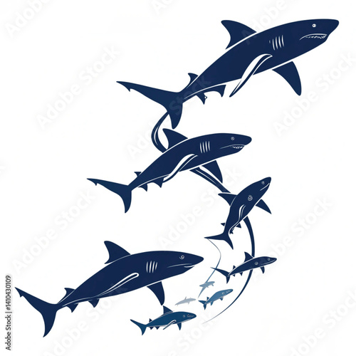 Set of shark and fin vector illustration isolated icons. Shark silhouette set vector design big pack of sea illustration and icon shark silhouette vector Bundle illustration Different kind of sharks