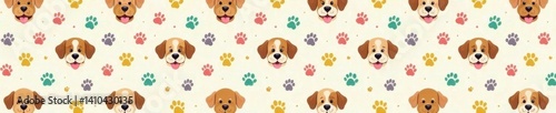 Vector illustration of a playful dog seamless pattern with a cute puppy face and colorful paw print background , isolated design , paw print, cartoon dog