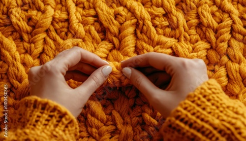 Hands adjust an orange knit texture; Close-up view of craft, handmade background