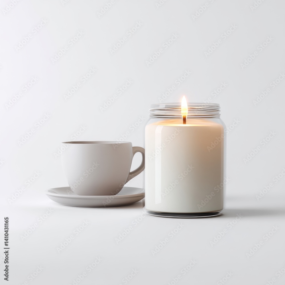 Serene Minimalism: Lit Candle and Porcelain Teacup Serene Minimalism: Lit Candle and Porcelain Teacup