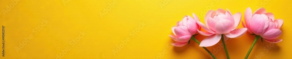 Naklejka premium Soft pink peony blooms against a sunny yellow background, peony flower, flower details, flower close-up