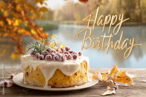 Fototapeta Naklejka Na Ścianę i Meble -  Autumnal birthday cake with white icing, cranberries, and rosemary, presented on wooden surface against blurred fall background, showcasing seasonal celebration