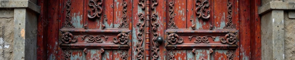 Weathered wooden door with intricate carvings , old wood, classic door, distressed wood Weathered wooden door with intricate carvings , old wood, classic door, distressed wood