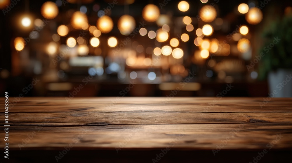 Warm Wooden Table with Blurred Ambient Lights Background Warm Wooden Table with Blurred Ambient Lights Background