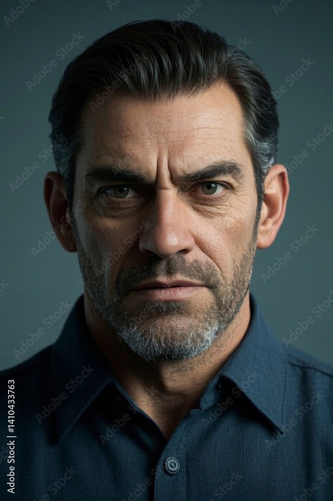 Obraz premium arafed man with a beard and a blue shirt looks at the camera