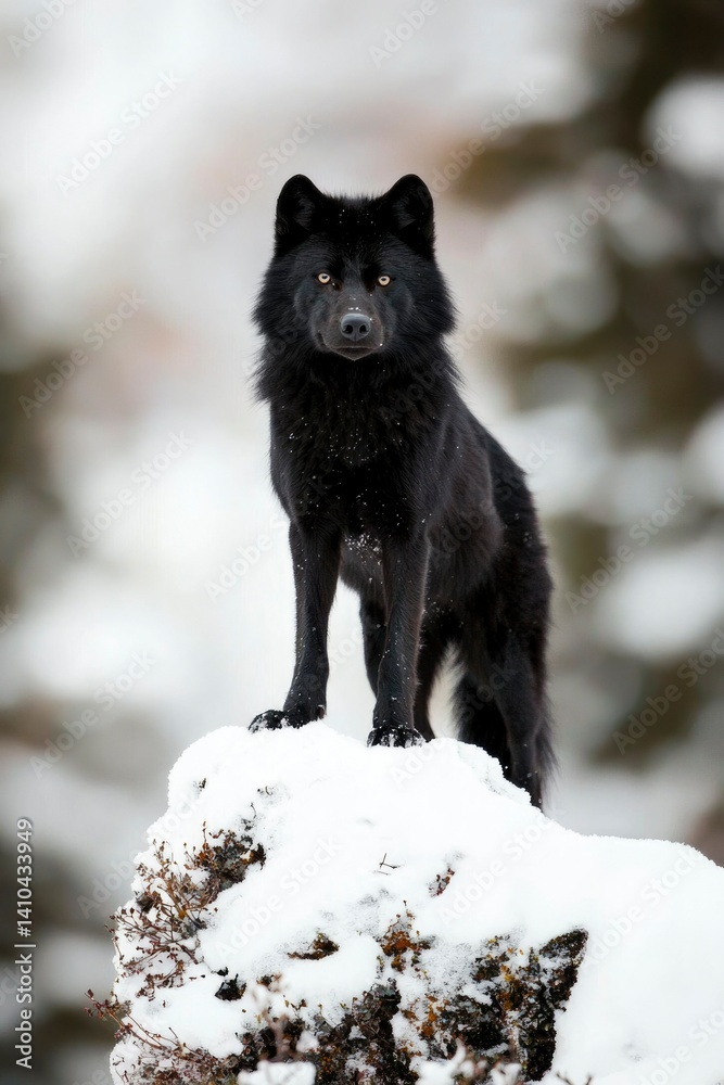 Naklejka premium Black wolf standing proud on snowy rise in cold winter nature, serene background