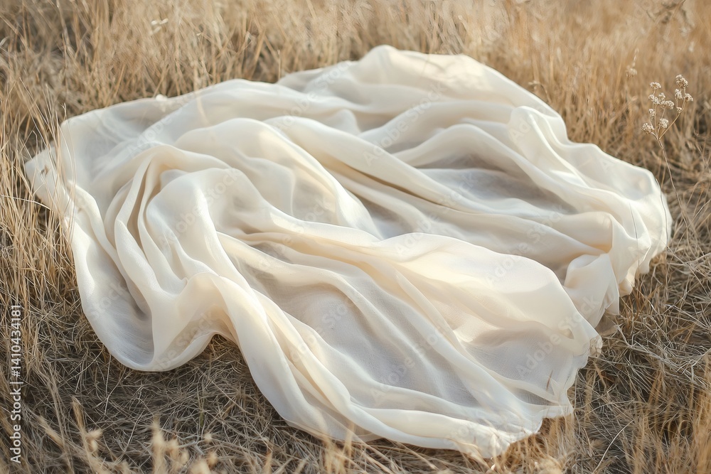 Delicate white cloth flowing on dry grass field during golden hour