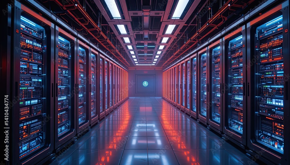 Fototapeta premium Futuristic Server Room with Red and Blue Neon Lights