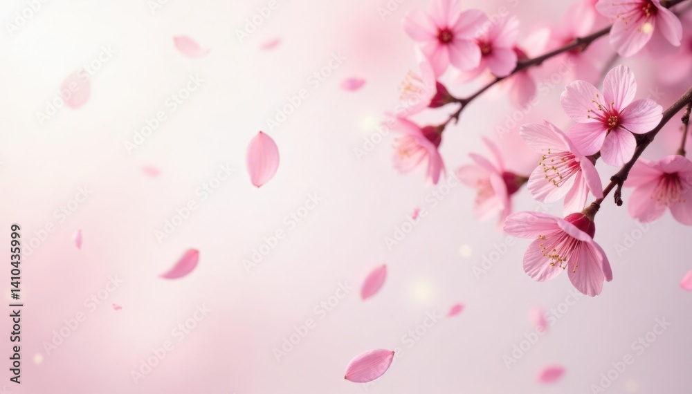 Delicate pink sakura petals fall gently on a soft white background, creating a whimsical atmosphere, pink, subtle