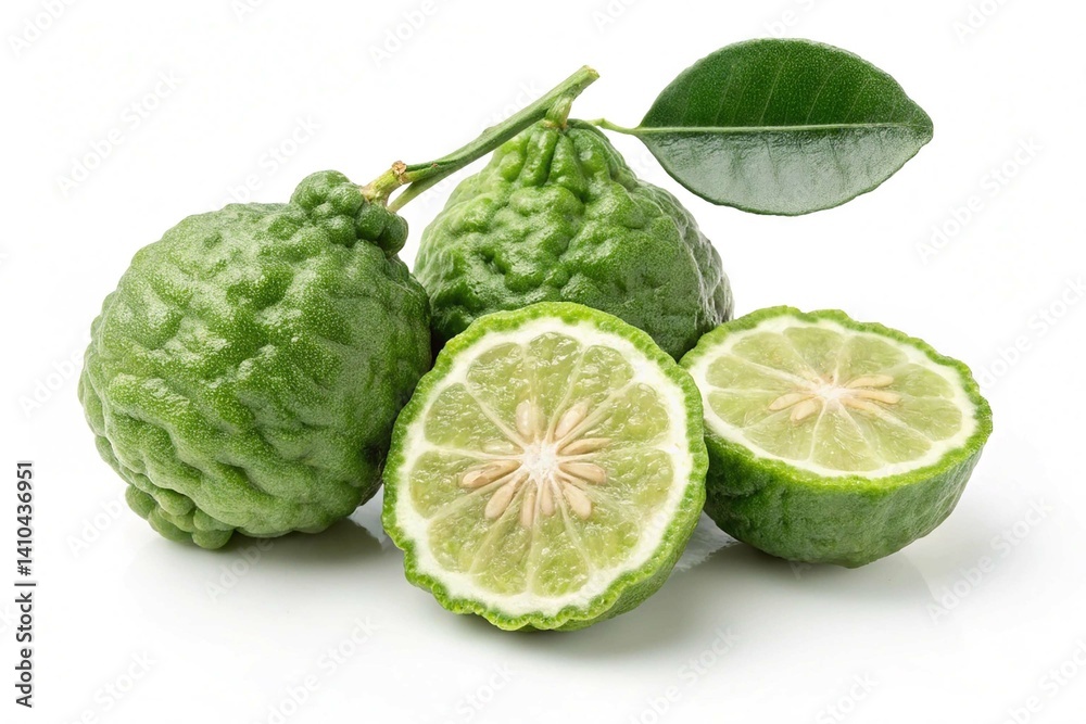 Obraz premium Fresh green bergamots isolated on white background. Fresh green bergamots isolated on a white background, showcasing their vibrant appearance and fresh texture