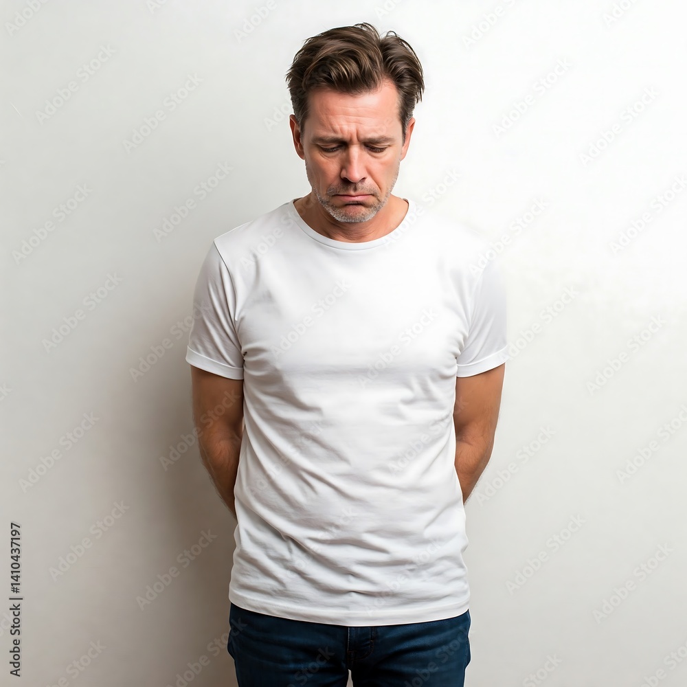 Obraz premium Thoughtful Man in White T-shirt Looking Down with Hands Behind Back