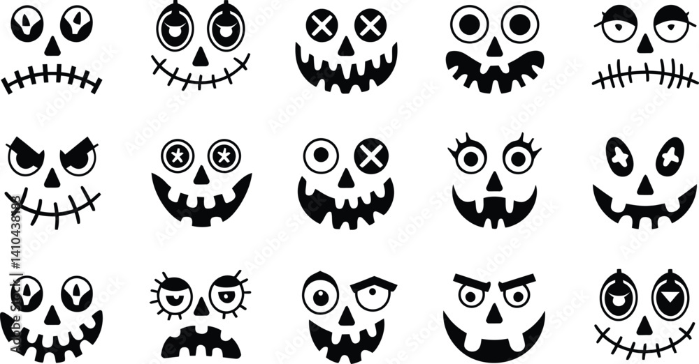 Fototapeta premium Spooky Halloween Pumpkin Faces Vector Set | Scary Jack-o’-Lantern Silhouettes