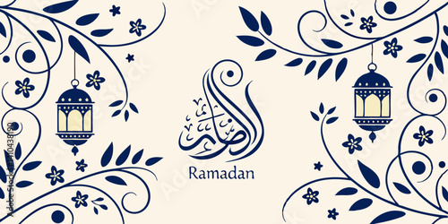 Elegant Ramadan Mubarak Greeting Card with Floral Design and Lanterns