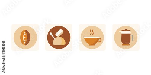 Coffee Shop Icons Beans, Grinder, Cup, French Press – Vector Illustration