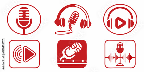 Red Audio Icons Microphones, Headphones, Sound Waves, and Play Button - Podcast, Music, and Recording Studio Symbols