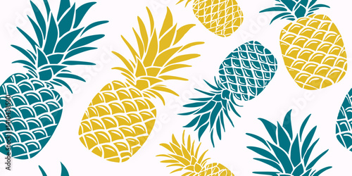 Seamless Pattern of Teal and Gold Pineapples Tropical Summer Fruit Design