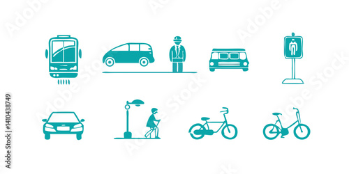 Transportation Icons Bus, Car, Bicycle, and More - Vector Graphics