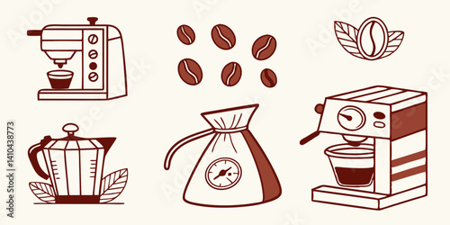 Coffee Brewing Methods Espresso Machine, Moka Pot, Pour Over & Coffee Beans Illustration
