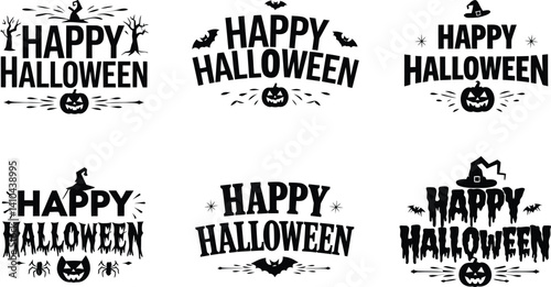 Happy Halloween Typography Vector Set with Bats, Ghosts, Pumpkins, Spiders, and Haunted Elements