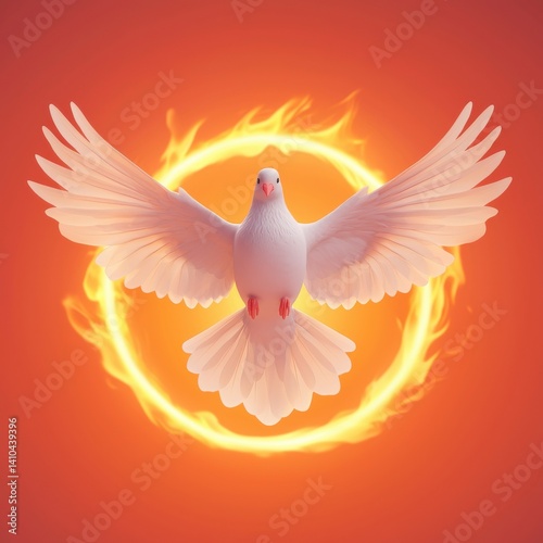 A majestic dove with outstretched wings, surrounded by a fiery orange circle, symbolizing peace and transformation.