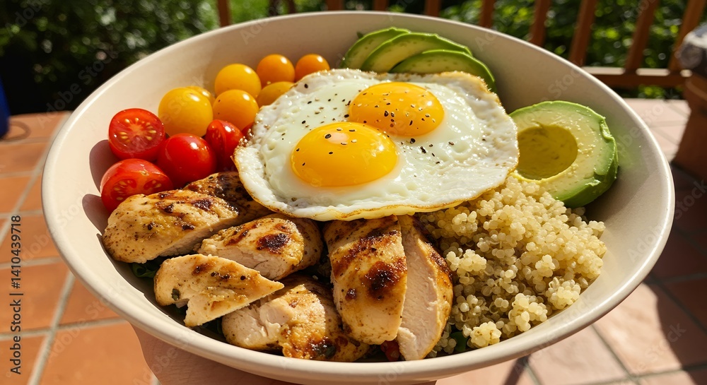 Preparing Healthy Bowl with Chicken, Egg, Avocado and Quinoa Preparing Healthy Bowl with Chicken, Egg, Avocado and Quinoa