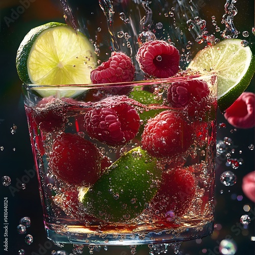 Refreshing Summer Drink with Berries and Citrus Splashing Water