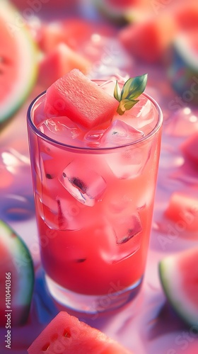 Refreshing Watermelon Drink with Ice and Fruit Garnish in Glass