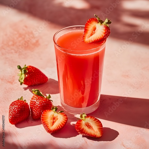 Refreshing Strawberry Juice with Fresh Berries on a Pink Background