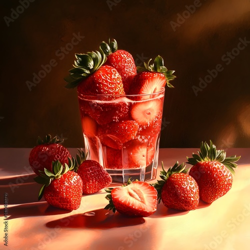 Fresh Strawberries in Glass with Bright Highlights and Shadows