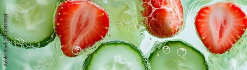 Fresh Cucumber and Strawberry Slices in Sparkling Water Background
