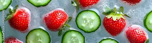Fresh Strawberries and Cucumbers Floating in Clear Water