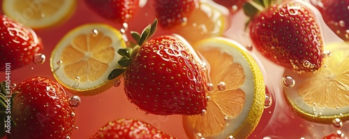 Fresh Strawberries and Lemons in Clear Bubbles on Vibrant Background