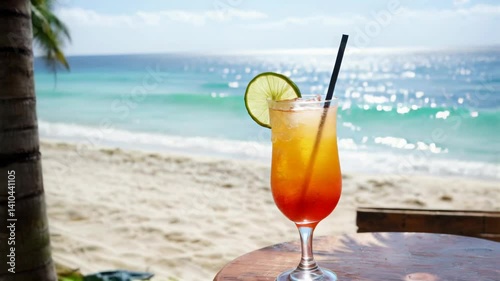 Ice-cold tropical drink with condensation on a beach table, tiny umbrella and slice of lime, ocean view in the distance under a blazing summer sun.