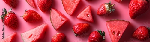 Fresh Strawberries and Watermelon on Pink Background for Summer Vibes