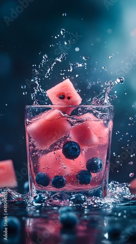 Refreshing Watermelon and Blueberry Splash in Crystal Glass
