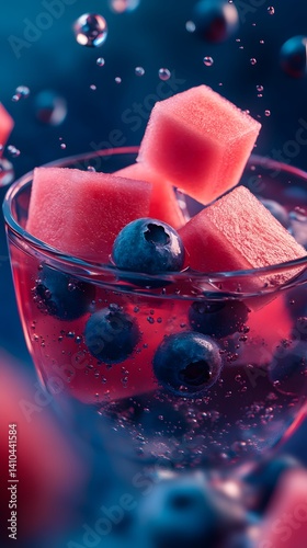 Refreshing Bubbles with Watermelon and Blueberries in a Glass