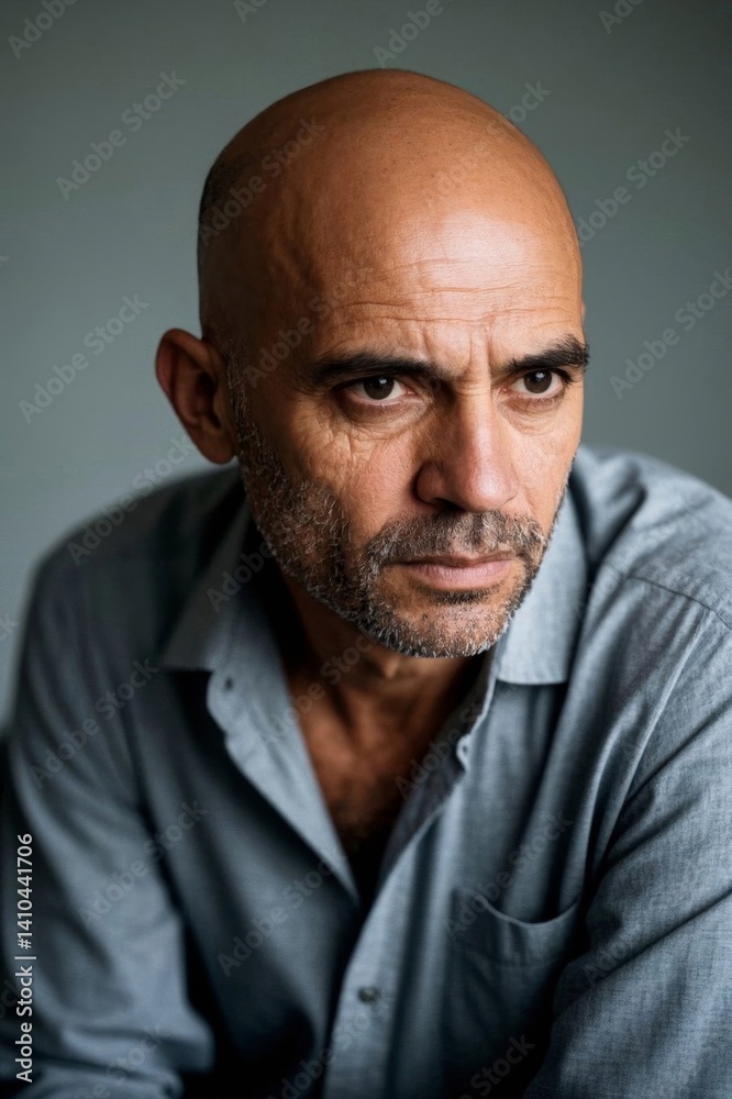 Fototapeta premium a close up of a bald man with a shirt on