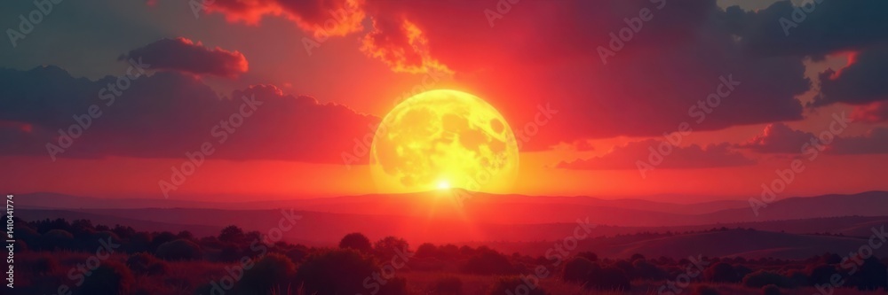 Fiery sunburst on horizon with vibrant lens flare, sunrise, yellow Fiery sunburst on horizon with vibrant lens flare, sunrise, yellow