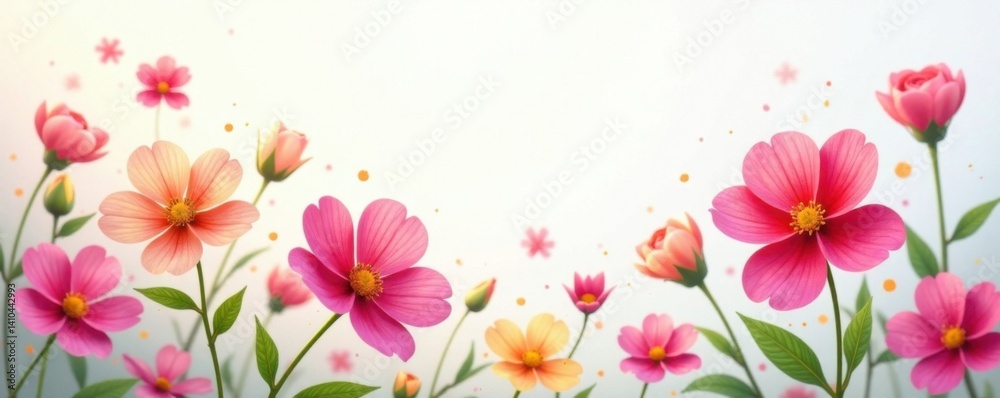 Delicate flowers bloom in vibrant colors against a soft white background , botanical photos, , garden scene Delicate flowers bloom in vibrant colors against a soft white background , botanical photos, , garden scene